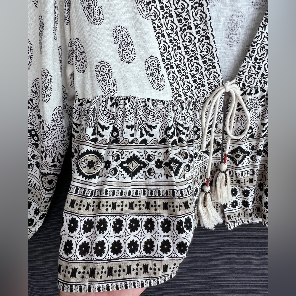 ZARA Linen paisley boho blouse ivory size S - Picture 10 of 17